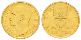 Vittorio Emanuele III 1900-1943
50 lire, Roma, 1936 R, AU 4.4 g.               
Ref : MIR 1124a (R2), Mont. 42, Pag.661, Fr.37 , KM#82        
Cons...