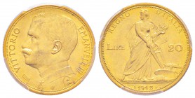 Vittorio Emanuele III 1900-1943
20 lire, Roma, 1912 R, AU 6.45 g.               
Ref : MIR.1126b, Mont.110, Pag.667, Fr.28, KM#48               
Co...