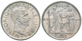 Vittorio Emanuele III 1900-1943
20 Lire, Roma, 1927 R, an VI,  AG 15 g.
Ref : Mont.65, Pag.672 
Conservation : PCGS MS66
