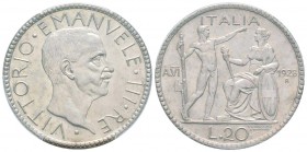Vittorio Emanuele III 1900-1943
20 Lire, Roma, 1928 R, an VI,  AG 15 g.
Ref : Mont.67 (R ), Pag.673
Conservation : PCGS MS64+