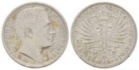 Vittorio Emanuele III 1900-1943
2 lire, Roma, 1903 R, AG 9.9 g.               
Ref : MIR.1139c (R3), Mont.142, Pag. 727     
Conservation : exempla...