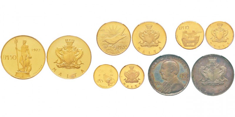 Malta, SPECIMEN 50 / 20 / 10 / 5 / 1 Pounds, 1972, AU 30, 12, 6, 3g. 917‰ et AG ...