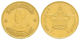 Maroc
Alawi Sharifs. Muhammad V. AH 1375-1380 (1955-1961)      
Médaille en or, AH1375 (1956), AU 4 g. 900‰ 21 mm
Avers : Buste du roi à gauche
Re...