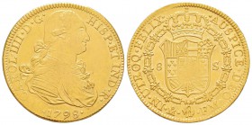 Mexico, Carlo IV 1788-1808
8 Escudos, 1798 FM, AU 26.97  g. 875‰            
Ref : Cal. 49 , KM#159, Fr.43              
Conservation : TTB+