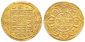 Nepal, Rajendra Vikrama (AD 1816-1847/SE 1738-1769) 
Mohar, SE 1746, AU 5.49
Ref : Fr.8, KM#581
Conservation : PCGS MS63