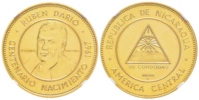 Nicaragua
50 Cordobas, 1967 HF, AU 35.6 g. 900‰
Ref : Fr.1, KM#25 
Conservati...