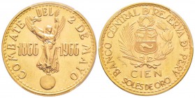 Peru, 100 Soles, 1966, 100 e anniversaire de la bataille navale Pérou-Espagne, AU 46.8 g. 900‰               
Ref : Fr.85, KM#251              
Cons...