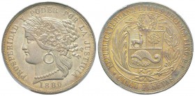 Peru, 5 Pesetas, 1880 BF, AG 25 g. 900‰
Ref : KM#201.1
Conservation : PCGS MS65 Without dot. Rare