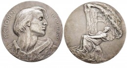 Poland, Médaille de Frédéric Chopin par W. Szymanowski, ND, (c.1907),  AG 54.4 g. 50 mm
Avers : F. CHOPIN - 1809 - 1849 Buste de Chopin de face, tour...