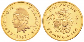 Polynésie Française
Piéfort or de 20 Francs, 1967, AU 38.69 g. 920‰ 
Ref : KM#6, Lec 85
Conservation : PCGS SP64
Quantité: 20 exemplaires. Rarissi...
