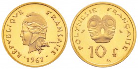 Polynésie Française
Piéfort or de 10 Francs, 1967, AU 23.46 g. 920‰ 
Ref : KM#5, Lec 64
Conservation : PCGS SP65
Quantité: 20 exemplaires. Rarissi...