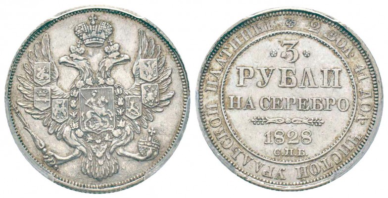 Russie, Alexandre I 1801-1825
3 Roubles, St. Petersburg, 1828 СПБ, Platine 10.3...