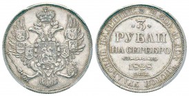 Russie, Alexandre I 1801-1825
3 Roubles, St. Petersburg, 1828 СПБ, Platine 10.35 g. 
Ref : C#177
Conservation: PCGS XF45 