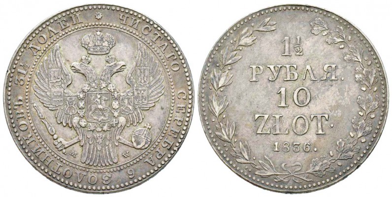Russie, Nicolas I 1825-1855
1 1/2 Roubles 10 Zlotych, Warsaw, 1836 MW, AG 38.78...