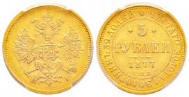Russie, Alexandre II 1855-1881
5 Roubles, St. Petersburg, 1877 СПБ-HI, AU 6.54 g.
Ref : Fr.163, Y#B26
Conservation: PCGS AU55