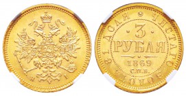 Russie, Alexandre II 1855-1881
3 Roubles, St. Petersburg, 1869 СПБ-HI, AU 3.92 g.
Ref : Fr.164, Y#26
Conservation: NGC MS63
