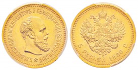 Russie, Alexandre III 1881-1894
5 Roubles, 1886 AГ, AU 6.45 g
Ref : Fr.168, Y#42        
Conservation : PCGS MS64.