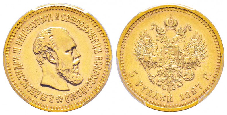 Russie, Alexandre III 1881-1894
5 Roubles, 1887 AГ, AU 6.45 g
Ref : Fr.168, Y#...