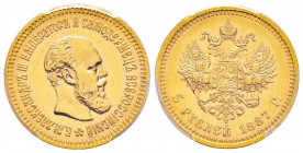 Russie, Alexandre III 1881-1894
5 Roubles, 1887 AГ, AU 6.45 g
Ref : Fr.168, Y#42         
Conservation : PCGS MS62