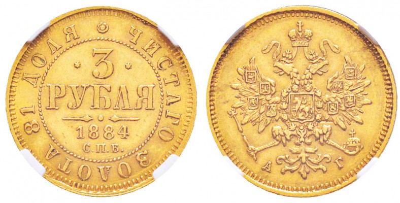 Russie, Alexandre III 1881-1894
3 Roubles, 1884 СПБ-AГ, AU 3.92 g.
Ref : Fr.16...