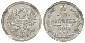 Russie, Nicolas II 1894-1917
10 Kopeks, 1905 CПБ-AP, AG 1.8 g.
Ref : Y#20a.2
Conservation: NGC MS67
