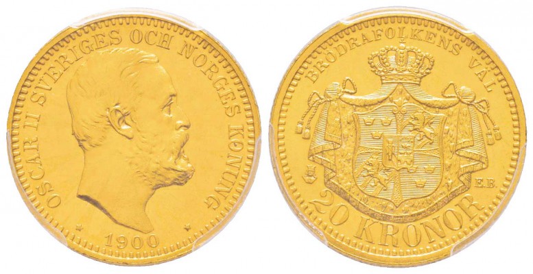 Sweden, Oskar II 1872–1907
20 Kronor, 1900 EB, Stockholm, AU 8.96 g. 900‰
Ref ...