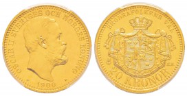 Sweden, Oskar II 1872–1907
20 Kronor, 1900 EB, Stockholm, AU 8.96 g. 900‰
Ref : Fr.93b, KM#765
Conservation : PCGS MS65