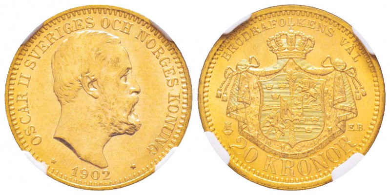Sweden, Oskar II 1872–1907
20 Kronor, 1902 EB, Stockholm, AU 8.96 g. 900‰
Ref ...