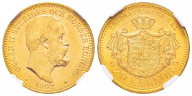 Sweden, Oskar II 1872–1907
20 Kronor, 1902 EB, Stockholm, AU 8.96 g. 900‰
Ref : Fr.93b, KM#765
Conservation : NGC MS64