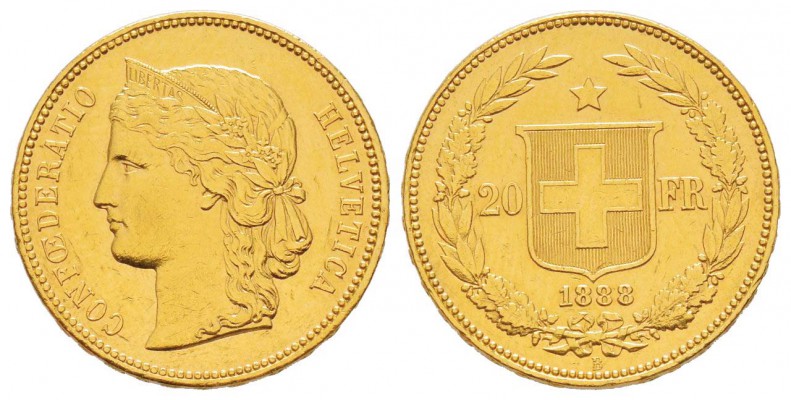 Switzerland, 20 Francs, Berne, 1888, AU 6.43 g.
Ref : Fr. 497, HMZ 2-1194d
Con...