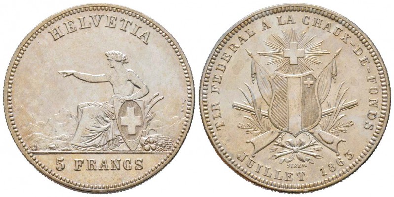 Switzerland, 5 Francs, 1863, La Chaux-de-Fonds, AG 25 g.
Ref : HMZ 2-1343e
Con...