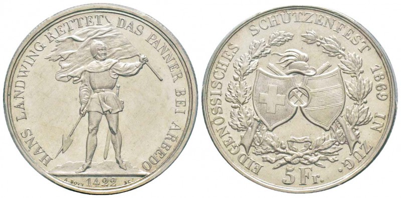 Switzerland, 5 Francs, Zug, 1869, fête de tir de Zug, AG 25 g.
Ref : HMZ.1343h...