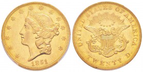 USA, 20 Dollars, Philadelphie, 1851, AU 33.43 g.               
Ref : Fr.169, KM#74.1             
Conservation : presque FDC