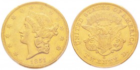 USA, 20 Dollars, New Orleans, 1851 O, AU 33.43 g.               
Ref : Fr.171, KM#74.1             
Conservation : PCGS AU50. Rare