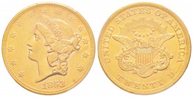 USA, 20 Dollars, Philadelphie, 1853, AU 33.43 g.               
Ref : Fr.169, KM#74.1                   
Conservation : PCGS AU55