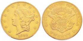 USA, 20 Dollars, New Orleans, 1853 O, AU 33.43 g.               
Ref : Fr.171, KM#74.1         
Conservation : PCGS AU50