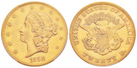 USA, 20 Dollars, Philadelphie, 1858, AU 33.43 g.               
Ref : Fr.169, KM#74.1             
Conservation : PCGS XF40