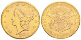 USA, 20 Dollars, San Francisco, 1858 S, AU 33.43 g.               
Ref : Fr.172, KM#74.1           
Conservation : PCGS AU58+