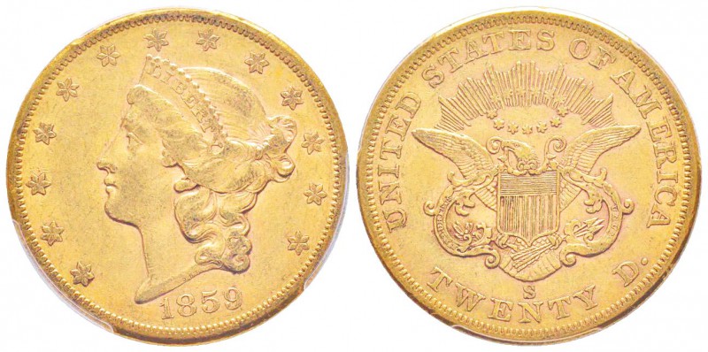 USA, 20 Dollars, San Francisco, 1859 S, AU 33.43 g.               
Ref : Fr.172...