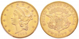 USA, 20 Dollars, San Francisco, 1859 S, AU 33.43 g.               
Ref : Fr.172, KM#74.1            
Conservation : PCGS AU53