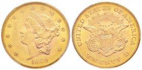 USA, 20 Dollars, Philadephia, 1860, AU 33.43 g.               
Ref : Fr.169, KM#74.1                
Conservation : PCGS MS62+