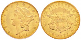 USA, 20 Dollars, New Orleans, 1861 O, AU 33.43 g.               
Ref : Fr.171, KM#74.1            
Conservation : PCGS AU53. Très Rare