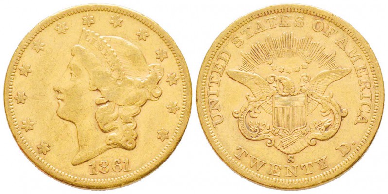 USA, 20 Dollars, San Francisco, 1861 S, AU 33.43 g.               
Ref : Fr.172...
