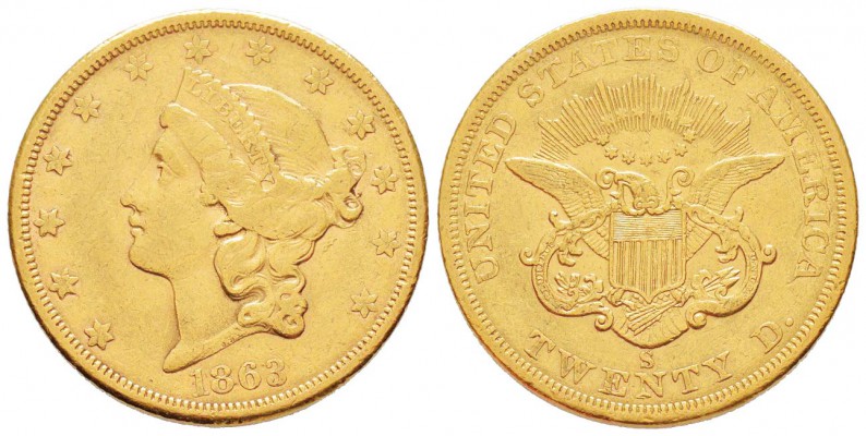 USA, 20 Dollars, San Francisco, 1863 S, AU 33.43 g.               
Ref : Fr.172...
