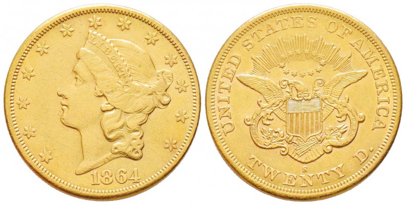 USA, 20 Dollars, San Francisco, 1864 S, AU 33.43 g.               
Ref : Fr.172...