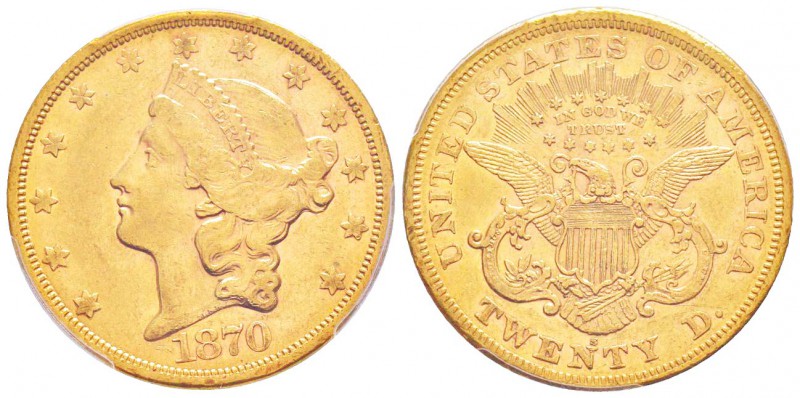 USA, 20 Dollars, San Francisco, 1870 S, AU 33.43 g.               
Ref : Fr.175...