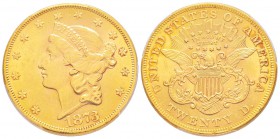 USA, 20 Dollars, Philadelphie, 1873 OPEN 3, AU 33.43 g.               
Ref : Fr.174, KM#74.2                
Conservation : PCGS MS62+