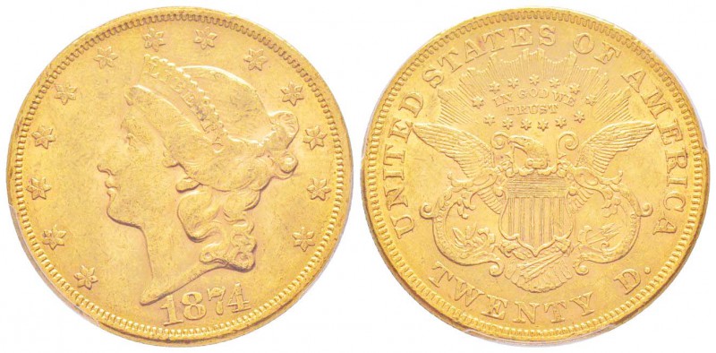USA, 20 Dollars, Philadelphia, 1874, AU 33.43 g.               
Ref : Fr.174, K...