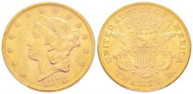 USA, 20 Dollars, Philadelphia, 1874, AU 33.43 g.               
Ref : Fr.174, KM#74.2                   
Conservation : PCGS MS61