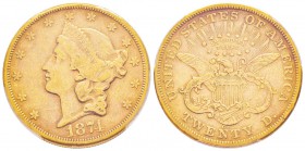 USA, 20 Dollars, Carson City, 1874 CC, AU 33.43 g.               
Ref : Fr.176, KM#74.2               
Conservation : PCGS XF45